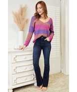 Double Take Purple Pink Multicolored Rib-Knit V-Neck Knit Pullover Top S... - £27.46 GBP