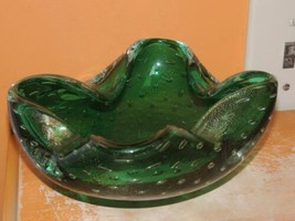 Art Glass Bowl Dish Green w Gold Flake 7&quot; large bubbles Seguso Sommerso ... - $31.49