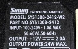 8WW69 Sunny SYS1308-2412-W2 Power Supply, Universal --&gt; 12VDC / 2000MA, 5.5MM - £6.14 GBP