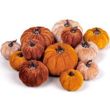 12Pcs Fall Artificial Pumpkins 3 Sizes Fake Velvet Pumpkin Orange Brown Khaki Sm - £31.61 GBP