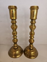 Set Of Brass Candlestick Holders Etched 11.5 In Tall - £22.04 GBP