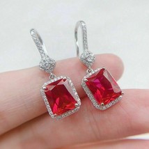 4.50Ct Emerald Cut Red Ruby Drop &amp; Dangle Halo Earrings 14K White Gold Finish - £93.14 GBP