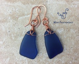 Handmade dangling copper wire wrapped cobalt blue sea glass petal earrings - £22.81 GBP