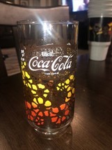Stained Glass Orange Yellow Flowers Brown Vintage Coca Cola Drinking Glass - €8,59 EUR