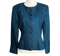 Papell Petites 100% Silk Jacket 10P Teal Floral Embroidered Evening Asian FLAW - $26.72