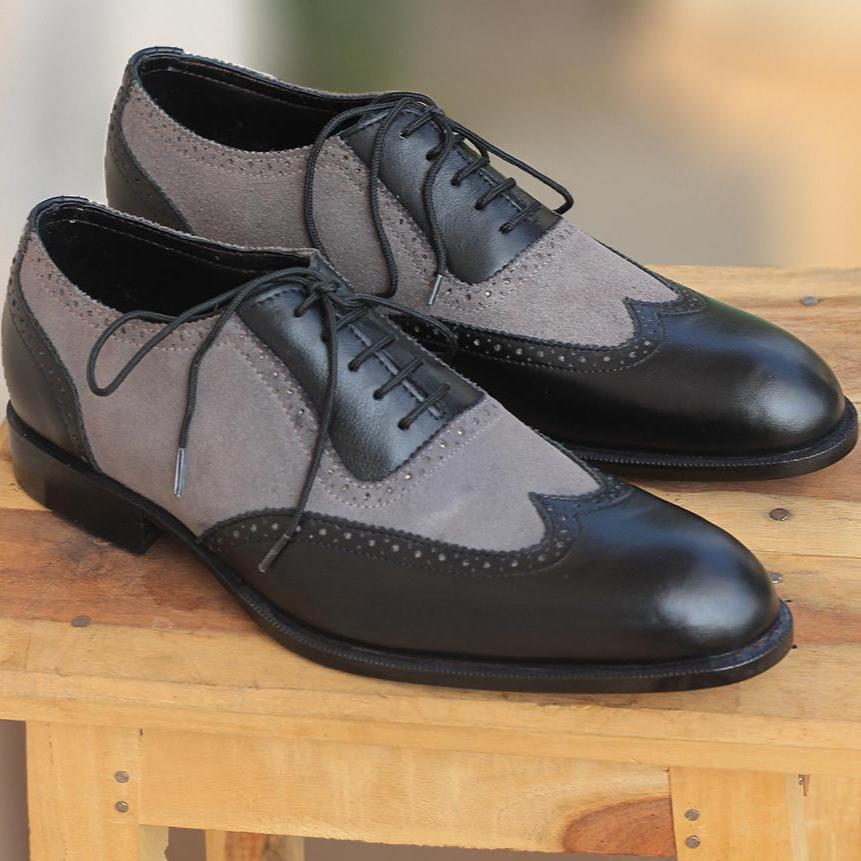 Handmade Men Two Tone Black Gray Leather Suede Wing Tip Shoes, Men Designer Shoe