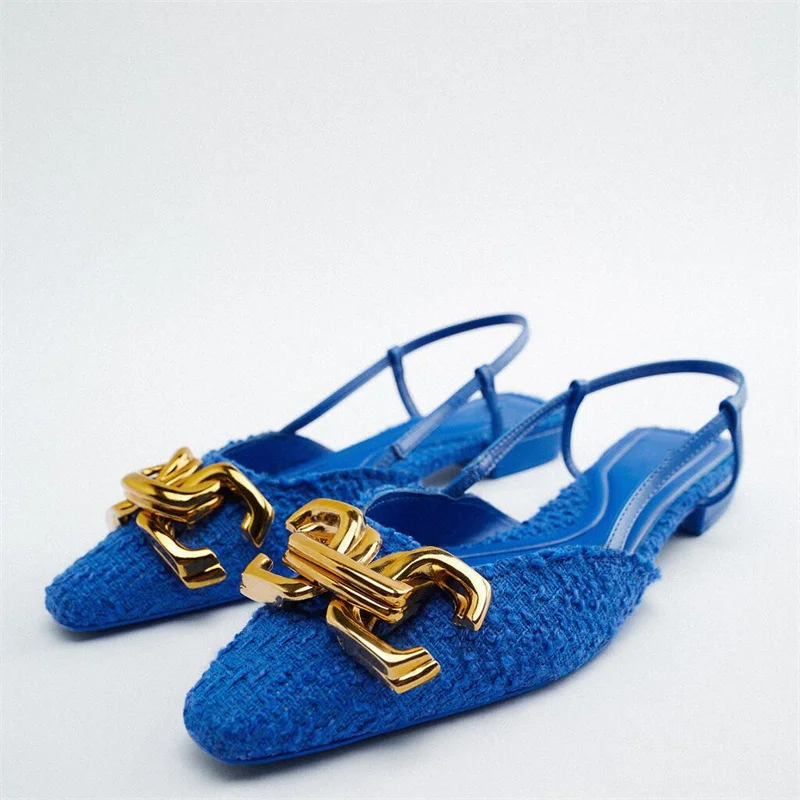 2024 ZA Blue Fabric Slingba Flats Women  Button Bling Casual Single Shoes Woman  - £63.80 GBP