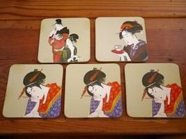 Set of 5 Vintage Asian Japanese Geisha Girl Print Cork Backed Drink Coas... - $476.99 MXN