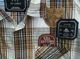 3XL Born Fly Brown Plaid w Patches Casual Men&#39;s Shirt - $34.64
