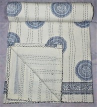 Hand Block Printed Cotton Kantha Quilt, Bed Cover Blanket Throw, Cotton Filled - £50.02 GBP+