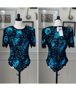 NWT NOS Laurence Kazar Beaded Sequin Short Sleeve Silk Top Blue Black L - €52,52 EUR
