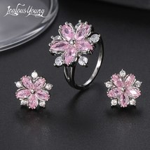 Pink Flower Zirconia Romantic Bridal Earrings Ring Jewelry Set for Women Wedding - £16.89 GBP