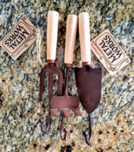 METAL WORKS Rustic Tin and Wood GARDEN TOOLS Decorative WALL HOOKS set/3 - $19.99