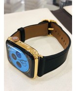 24K Gold Plated 45MM Apple Watch  SERIES 9 Stainless Steel Black Leather... - £1,134.96 GBP
