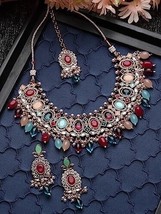 Gold Plated Green Ad Stones Beads Studded Choker Necklace Set Kundan Jewelry Set - £17.94 GBP