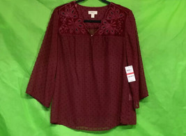 Style &amp; Co Mixed-Media Sheer-Sleeve Blouse, Dark Red, Xs - $22.99