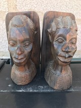 Vtg Heavy Dark Wood Hand Carved African Art Lady Man Bust Bookends Book Ends - £77.39 GBP