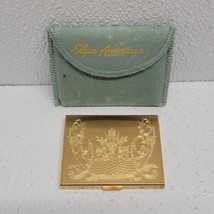 Vintage Elgin American Gold Tone Floral Compact With Mirror &amp; Pouch Made... - $29.60