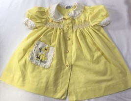 USA Polly Flinders Vintage Dress Sz 12 Mos Yellow Embroidered Pocket White Lace - £38.91 GBP