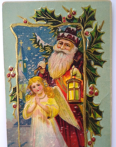 Santa Claus Father Christmas Postcard Old World Lantern Angel Prays Gel Embossed - $13.50