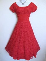 Vintage 50s Valentine Red Lace Party Dress XXS Full Skirt Bustle Back Wasp Waist - £133.21 GBP