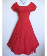 Vintage 50s Valentine Red Lace Party Dress XXS Full Skirt Bustle Back Wa... - £135.71 GBP