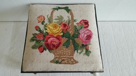 Vintage Tapestry Needle Point Pink Yellow Rose Basket Footrest Stool Met... - $69.99