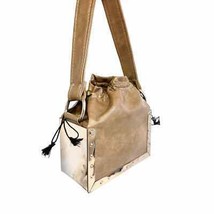 VTG RETRO Chrome &amp; Vinyl Drawstring Box Purse Tan Naugahyde 1960s super mod - $78.41