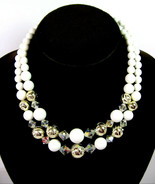 Double Strand AB CRYSTAL &amp; White Goldtone BEADED NECKLACE Vintage Bead 17&quot; - $14.99