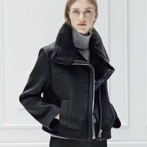 Vince Genuine Lamb Shearling Trimmed Wool Blend Jacket in Black- Small W... - $132.99