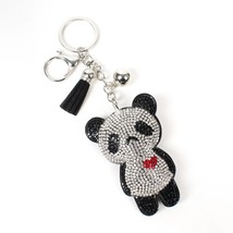 Crystal Bling Heart Panda Keychain Keyring Bag Charm Black White - £11.11 GBP