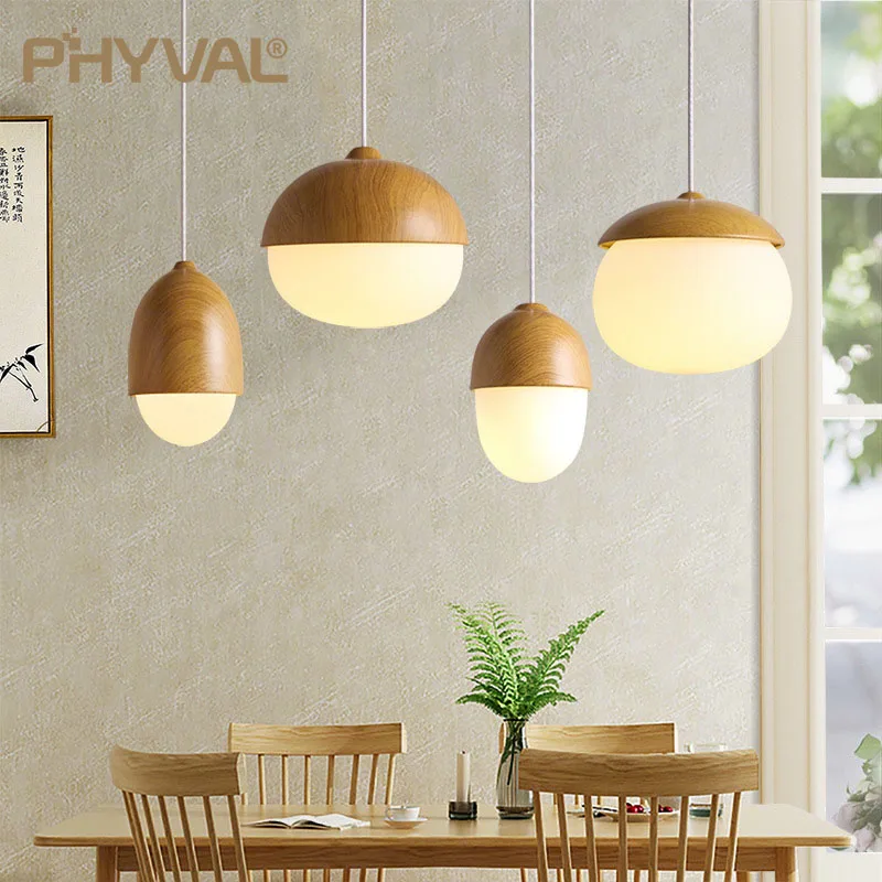 C wood grain iron glass pendant lamp modern nut round e27 110 240v hanging light living thumb200