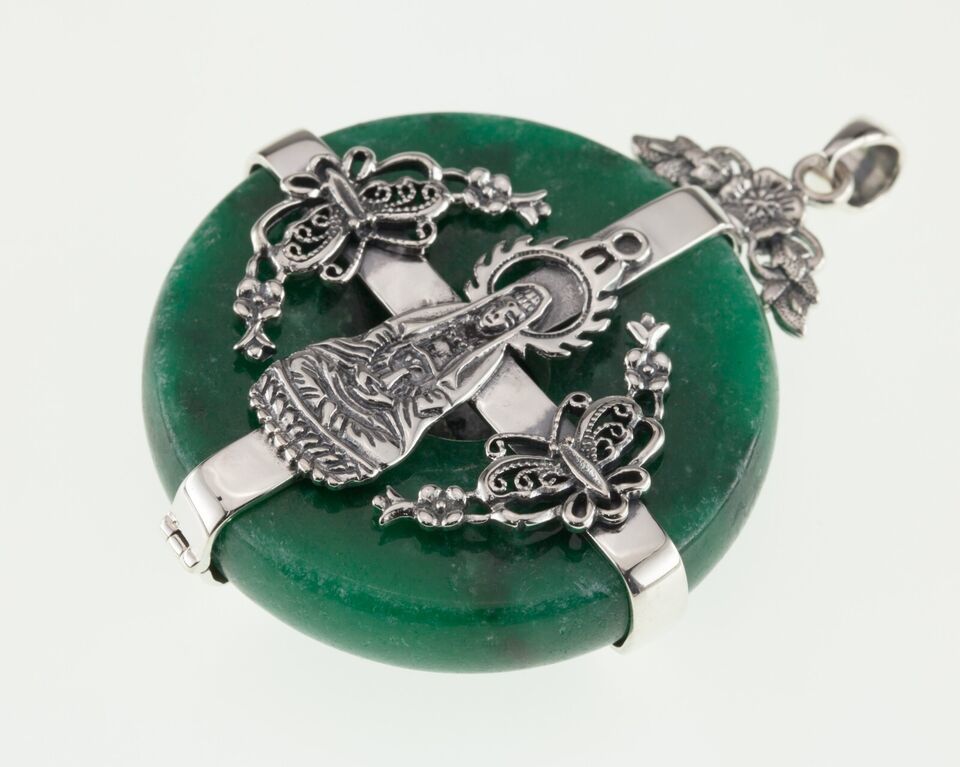 Beautiful Buddism Sterling Silver Green Jade 16" Necklace and Pendant 72.4gr Item image 7