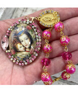 Madonna &amp; Child Locket Pink Rhinestone Pendant Prayer Beads Catholic Jew... - $135.00