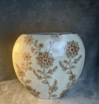 Vtg Flat Disc Pocket Vase Crackle Finish Floral Motif 11&quot; tall x 7&quot; wide mouth - £10.15 GBP