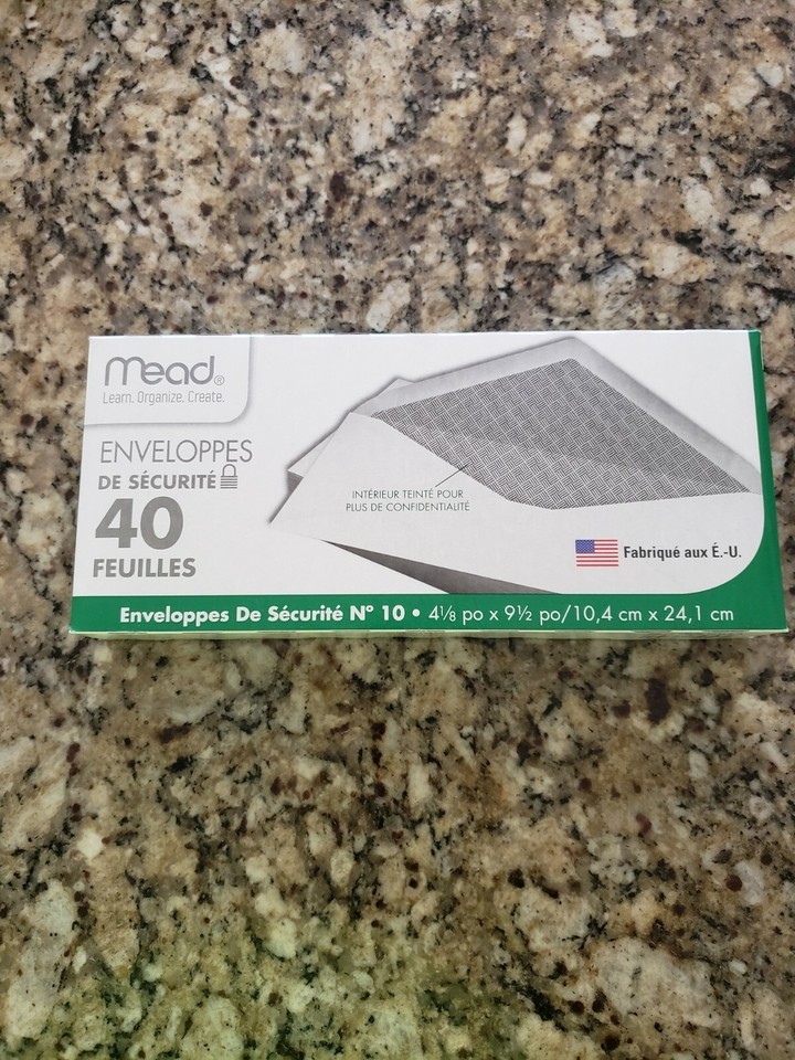MEAD NO.10 WHITE SECURITY ENVELOPES 4 1/8 x 9 1/2 IN 20 lb #75357 40 IN ... - $7.91