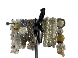 Lot 10 Faux Pearl Stretch Beaded Bracelets White Black Gray Stackable Gold Tone - £15.16 GBP
