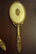 Antique vanity set mirror and brush, filigree in golden tone decoration ... - $118.80