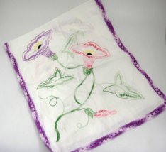 Vintage Hand Embroidered Dresser Scarf Pink Purple Flowers Crocheted Edge - £7.46 GBP