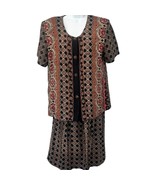 Vintage Brown Red Geometric Button Up Short Sleeve Top Skirt Suit Set si... - $33.22 CAD