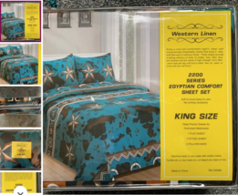 Western Cow and Star Teal Pattern King Sheet Set Southwestern Highland Bedding - £47.92 GBP