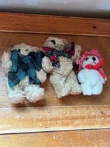Lot of 3 Mini Curly Tan &amp; Cream Jointed Teddy Bears w Ribbons Around Necks Stuff - £9.02 GBP