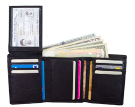 GENUINE LEATHER MENS TRIFOLD WALLET THIN FLAP TOP CARD HOLDER BLACK WALLET - $17.30