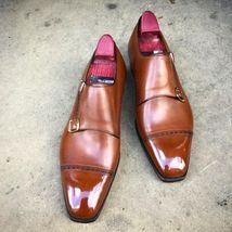 Handmade men&#39;s bespoke genuine calf leather brown monk strap dress shoes - £144.22 GBP+