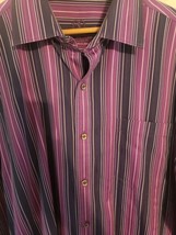Bugatchi Uomo Button Dress Shirt Large Blue Purple White Stripe -SHAPED Fit - £10.31 GBP
