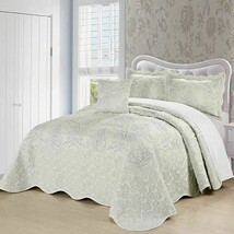 King size Antique White Damask Embroidered 4 Piece Oversized Bedspread Set - $232.99