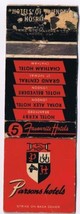 Matchbook Cover Parsons Hotels Kerby Royal Alex Belvedere Grand Central Chatham - £2.33 GBP