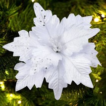 6 Pcs Large White Glitter Artificial Flowers 10.2 Inch Christmas Poinsettia Flow - £26.66 GBP