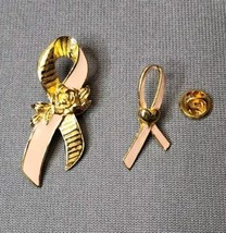 Avon Brooches Lapel Pins Vintage Pink Ribbon Breast Cancer Awareness Gol... - $14.85