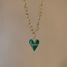 Vintage Chain Green Love Heart Pendants Necklaces For Women Hip Hop Smiley Face  - £13.74 GBP